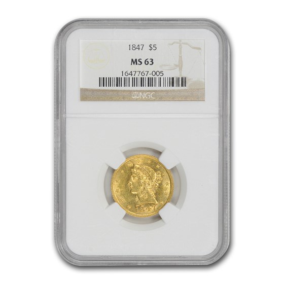 1847 $5 Liberty Gold Half Eagle MS-63 NGC 1847 $5 Liberty Gold Half Eagle MS-63 NGC